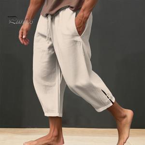 SOUTONG Men Cropped Pants Drawstring Elastic Waist Solid Color Loose Pockets Split Deep Crotch Soft Breathable Summer Vacation Beach