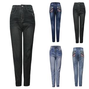 Balala (Qunide) Dames middengetailleerde denim jeans borduurwerk stretch knoop rechte broek jeans dames geborduurde gewassen slanke jeans