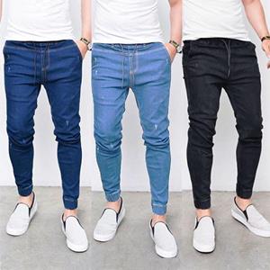 Hair Tools Eenvoudige stretch slanke mannelijke jeansbroek elastische taille trekkoord mode voeten denim broek heren