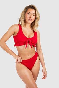 Boohoo Tie Ruffle Ribbed Bikini Set, Red