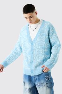 Boohoo Boxy Fluffy Branded Knitted Cardigan In Blue, Light Blue
