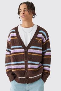 Boohoo Boxy Fluffy Striped Knitted Cardigan In Chocolate, Chocolate