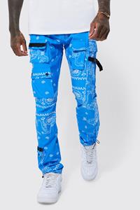 Boohoo Slim Fit Bandana Print Cargo Broek Met Elastische Taille, Blue