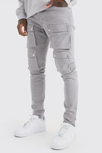 Boohoo Fixed Waist Skinny Multi Cargo Pocket Trouser, Dark Grey