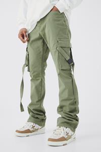 Boohoo Fixed Waist Slim Stacked Flare Strap Cargo Trouser, Olive