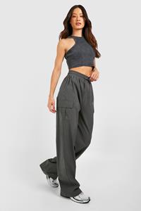 Boohoo Tall Woven Stretch Pocket Detail Cargos, Charcoal
