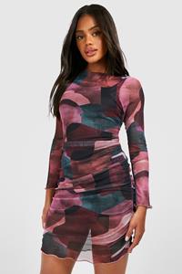 Boohoo Blurred Geo Printed Ruched Mesh Mini Dress, Purple