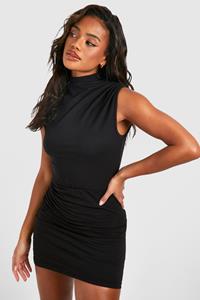 Boohoo High Neck Ruched Sleeveless Mini Dress, Black