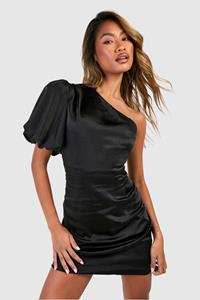 Boohoo Satin Puff Sleeve Asymmetric Mini Dress, Black