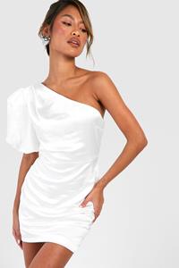 Boohoo Satin Puff Sleeve Asymmetric Mini Dress, White