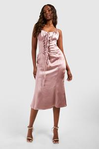 Boohoo Satin Lace Up Corset Midi Dress, Pink