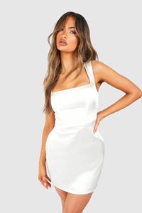 Boohoo Satin Square Neck Corset Mini Dress, White
