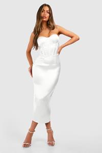 Boohoo Satin Corset Bandeau Midaxi Dress, White