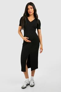 Boohoo Maternity Textured Rib Collard Button Down Midi Dress, Black