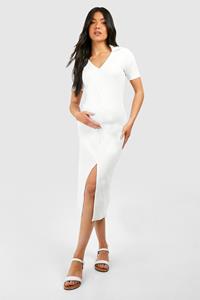 Boohoo Maternity Textured Rib Collard Button Down Midi Dress, Cream