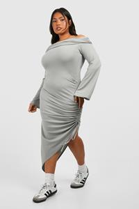 Boohoo Plus Soft Rib Off Shoulder Ruched Split Dress, Grey