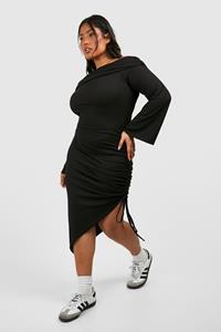 Boohoo Plus Soft Rib Off Shoulder Ruched Split Dress, Black