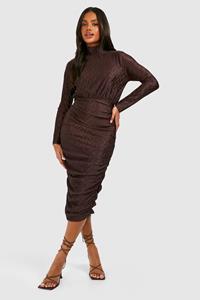 Boohoo Wave Plisse High Neck Rouched Midaxi, Chocolate