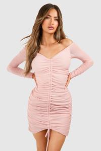 Boohoo Off The Shoulder Rouched Mesh Mini Dress, Rose