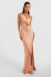 Boohoo Tall Bridesmaid Satin Cowl Wrap Front Maxi Dress, Copper