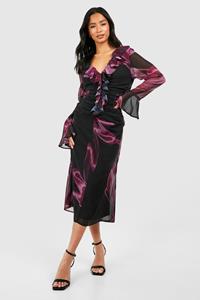 Boohoo Petite Dark Floral Ruffle Ruched Woven Midaxi Dress, Purple