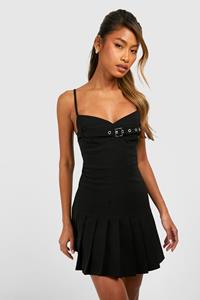 Boohoo Buckle Pleated Mini Dress, Black