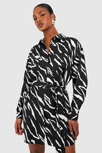 Boohoo Tall Woven Zebra Belted Shirt Dress, Black