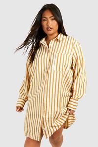 Boohoo Plus Textured Stripe Boxy Wide Sleeve Shirt Dress, Stone
