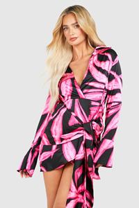 Boohoo Printed Tie Waist Shirt Dress, Hot Pink
