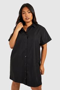 Boohoo Plus Poplin Short Sleeve Oversized Shirt Dress, Black