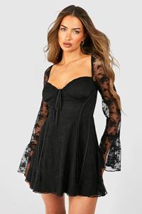 Boohoo Lace Baby Doll Flare Sleeve Mini Dress, Black