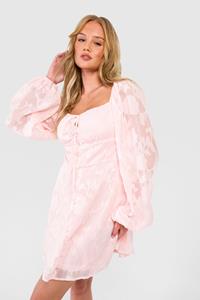 Boohoo Textured Balloon Sleeve Milkmaid Mini Dress, Pink