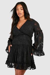 Boohoo Plus Woven Jaquard V Front Frill Mini Dress, Black