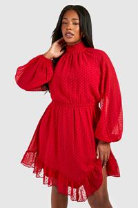 Boohoo Plus Dobby Mesh Long Sleeve Frill Hem Mini Dress, Red