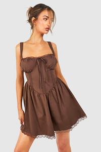 Boohoo Cotton Strappy Milkmaid Mini Dress, Chocolate