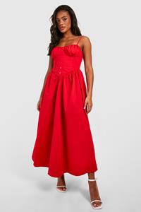 Boohoo Cotton Midaxi Milkmaid Dress, Red