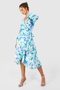 Boohoo Floral Wrap Belted Midi Dress, Blue