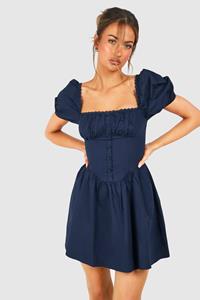 Boohoo Puff Sleeve Cotton Rouched Milkmaid Mini Dress, Navy