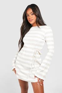 Boohoo Stripe Rib Flared Sleeve Skater Dress, Stone