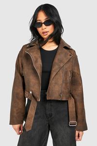 Boohoo Petite Vintage Look Faux Leather Biker Jacket, Dark Brown