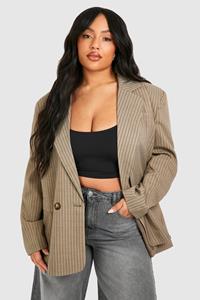 Boohoo Plus Linen Look Pinstripe Double Breasted Blazer, Taupe