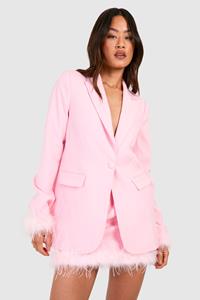 Boohoo Tall Feather Trim Woven Blazer, Baby Pink