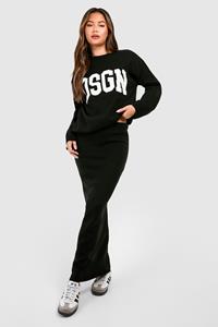 Boohoo Dsgn Crew Neck Knitted Sweater And Maxi Skirt Set, Black