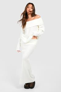 Boohoo Off The Shoulder Sweater And Maxi Skirt Knitted Set, Ecru