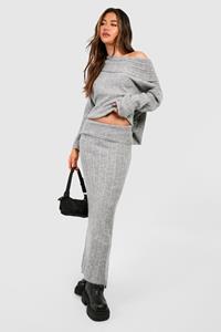 Boohoo Off The Shoulder Sweater And Maxi Skirt Knitted Set, Charcoal