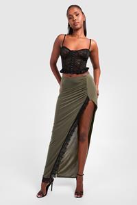 Boohoo Slinky Lace Trim Maxi Skirt, Khaki