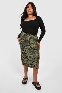 Boohoo Plus Zebra Print Rib Side Split Midi Skirt, Khaki