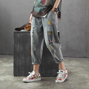 GS Fashion Korea Stijl Vintage Gat Meisje Borduurwerk Enkel-Lengte Denim Jeans Vrouwelijke Casual Loose Harem Pant Broek Doek