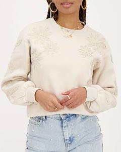 My jewellery Beige sweater met geborduurde bloemen