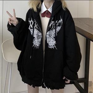 QM Dream Hip Hop Oversized Vrouwen Hoodies Herfst Streetwear Zwart Gedrukt Sweatshirt Harajuku Zip Up Goth